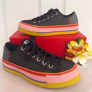 CONVERSE ~ Black Lace Up Canvas Sneakers with Multicolored Rainbow Platform